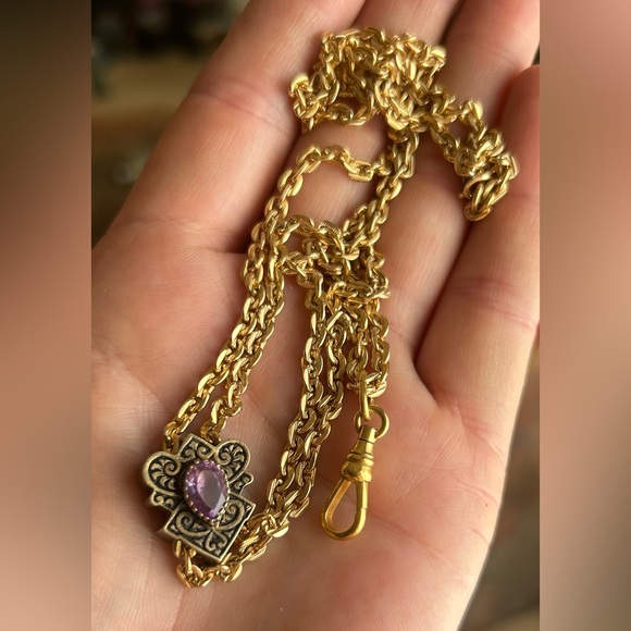 Sterling Silver with Amethyst gem on gold chain lanyard - Picture 1 of 11